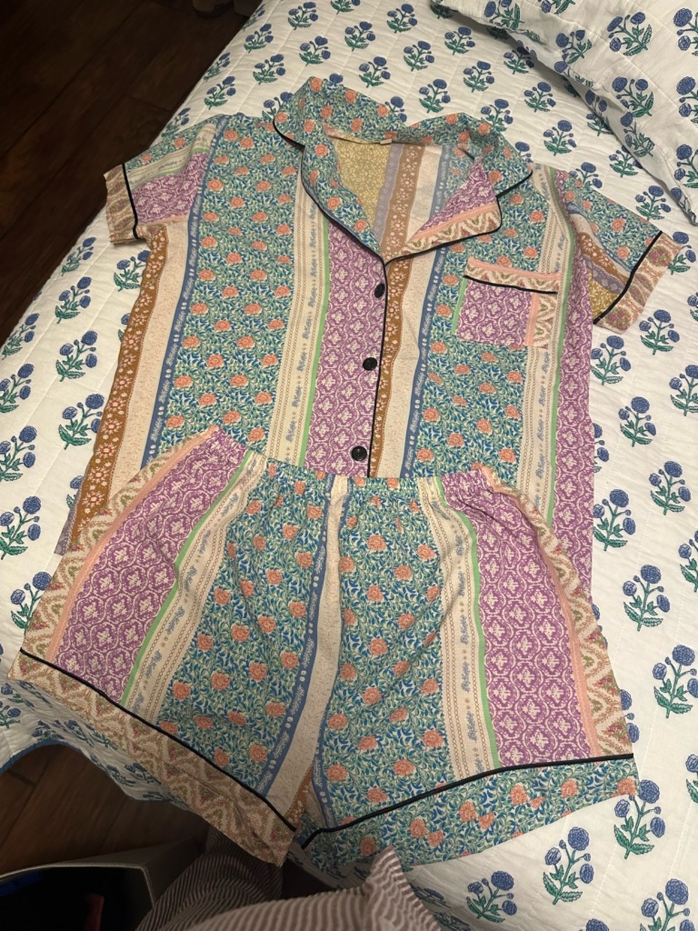Floral Patchwork Short Pajama Set in Teal, Lavender & Peach